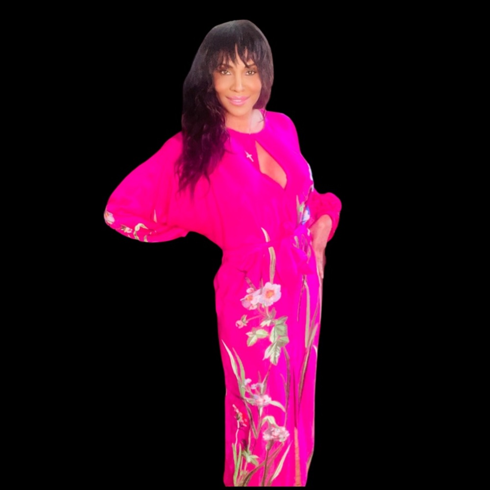 Pink Floral Embroidered Belted Satin Midi Dress